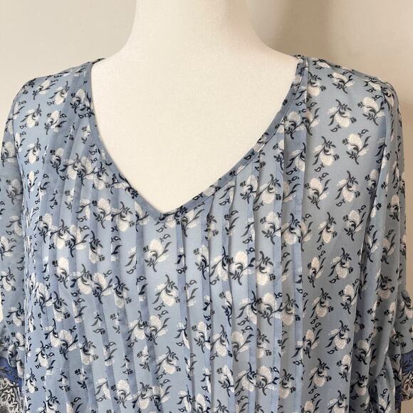 Style & Co Women's Top S Peasant Retro Scarf Print Pintuck Pleated Blue Sheer - Picture 3 of 10